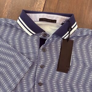 Greyson Men's Blue And White Geometric Print Golf Polo Shirt Large Performance